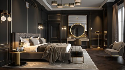Fototapete - Interior of stylish room with big bed and mirror : Generative AI