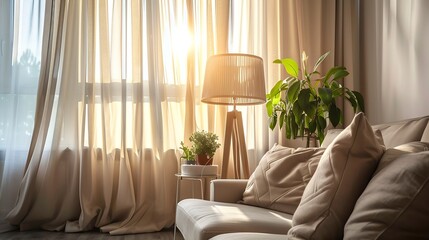 Fototapete - Interior of stylish living room with light curtains : Generative AI