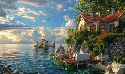 Wall Mural - picturesque coastal house above the sea with a table set for two, featuring a delightful meal of meat and vegetables, under a summer sky