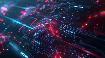 Poster - A high-tech interface showing a cybersecurity network, network, dynamic and dramatic compositions, with copy space