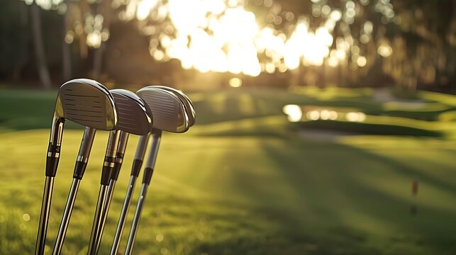 A set of new golf clubs on a beautiful golf course