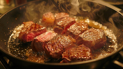 Wall Mural - Deliciously Grilled Beef Steak Prepared in a Classic Frying Pan