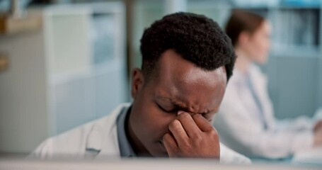 Fototapete - Science, research and black man with headache in lab for vaccine study, solution and brain fog. Frustrated, scientist and stress with digital computer for stem cell, medical report and fatigue