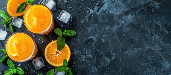 Wall Mural - Top view of fresh orange juice, mint, and ice on a dark background with copy space