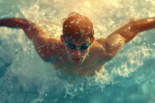 A man is swimming in a pool with his arms outstretched. He is wearing goggles and a swim cap