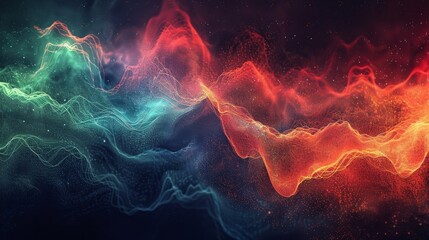 A grainy gradient backdrop in dark shades of red, blue, and green, with abstract wave patterns and glowing color effects.