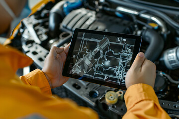 Poster - A man is holding a tablet and looking at a car engine. Concept of curiosity and interest in the inner workings of the car