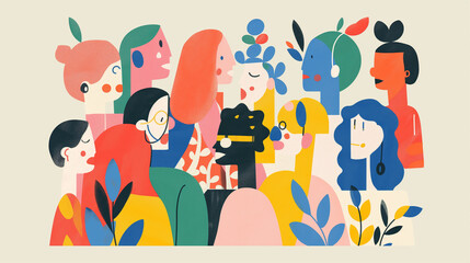 A group of people are gathered together in a colorful drawing