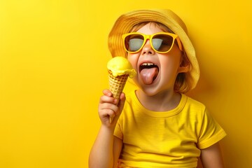 Cute happy child in casual clothes, sunglasses and hat is eating cold ice cream on yellow background