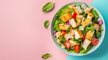 Wall Mural - Chicken Caesar salad on pink and blue background with copyspace
