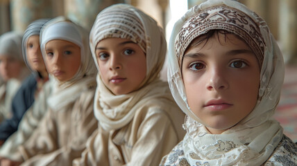 Muslim boys wearing white prayer caps in mosque,generative ai