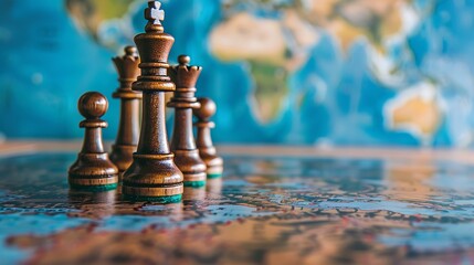 Wall Mural - Closeup of chess pieces and a world map sky blue background