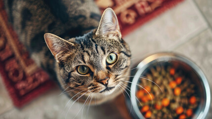 Wall Mural - Curious cat near bowl gazes upward, Ai Generated