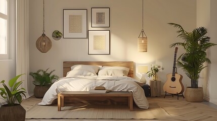 Wall Mural - Modern teen room interior with bed guitar houseplant and picture frames on wall