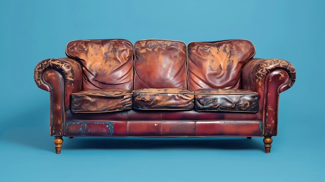 Old sofa leather broken and missing isolated on blue background with clipping path