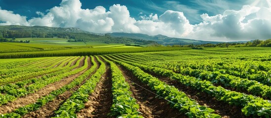 Wall Mural - Green Rows of Plants and Vegetables in a Beautiful Farmland Landscape with a Blue Cloudy Sky in the Background