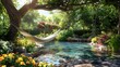 © AlgoCreative - Peaceful Backyard Oasis with Swaying Hammock Lush Foliage and Reflecting Pond