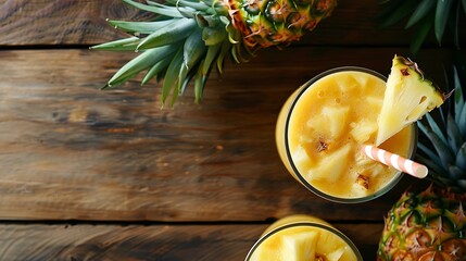 Pineapple smoothie with fresh pineapple on wooden table