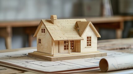 Canvas Print - Detailed shot of a model house placed next to a rolled architectural blueprint, showcasing the design process and final result side by side.