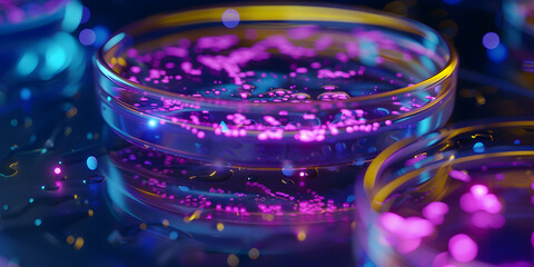 Wall Mural - A close up of a glass beaker with a purple and yellow liquid inside. The liquid is glowing and he is a mix of different colors. The image has a futuristic and otherworldly feel to it