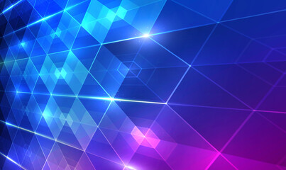 Fototapete - Futuristic sci-fi hexagons technology background with neon lights. Sci fi perspective polygons. Perspective hexagons science. 3d Hi-tech digital technology and engineering concept. Tech Vector EPS10.