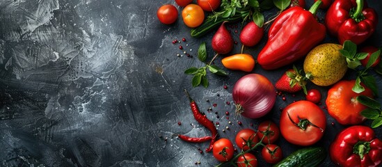 Wall Mural - Fresh assortment of ripe fruits and vegetables with a food concept background, top view, and copy space.