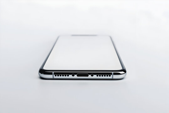 A silver phone with a white case sits on a white background. The phone is turned off and has a clean, minimalist design