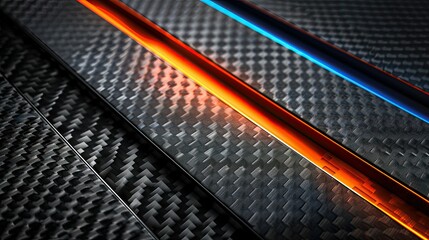 Wall Mural - a carbon fiber background with one orange and one blue line 