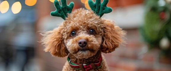 Wall Mural - A Close-Up Of A Small Ginger Poodle Dog In Green Deer Antlers On A Light Background, Festive And Cute, HD
