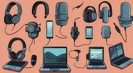 2D Illustrative art icons of Laptop, smartphone, headphones, microphone placed on simple background. Hand drawn illustration style isolated on a color background. Flat cartoon style, Set of different 