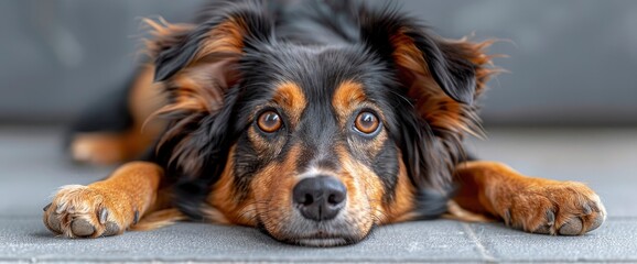 Wall Mural - A Content Dog With A Beautiful Brown And Black Coat Lying Comfortably On The Ground, HD