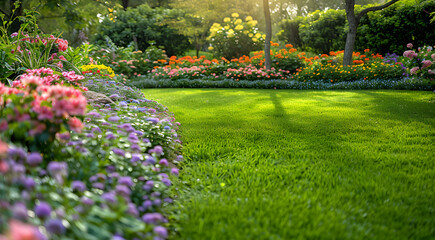 Wall Mural - garden dreams - lawn framed from blooming flower beds 