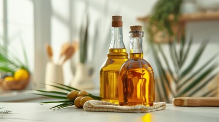 Palm cooking oil products in glass bottles on the kitchen table..