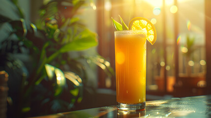 A glass of orange juice with a slice of orange on top. The glass is sitting on a table in front of a plant