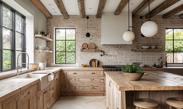 Comfort-driven Nordic kitchen design with rustic chic elements, natural lighting, and slender wood