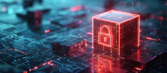 Wall Mural - A glowing padlock icon in a transparent cube over a blurred background of a futuristic cityscape, symbolizing secure data encryption