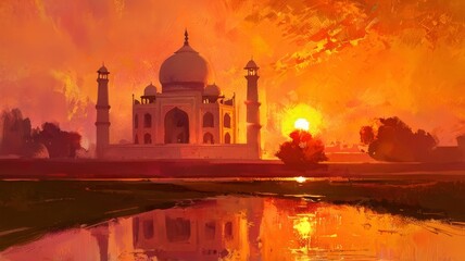 Wall Mural - Indian Taj Mahal sunset sunrise Impressionism abstract painting, artistic art, brush strokes