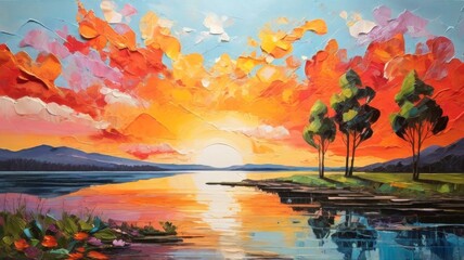 Wall Mural - Lakeside sunset Impressionism abstract painting, artistic art, brush strokes