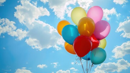 Wall Mural - A bunch of balloons floating outdoors with fluffy white clouds in the background, perfect for celebratory messages.