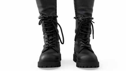 Wall Mural - Black army boots. Isolated. Pair of black leather boots, dress boots for men. Black brogue boots on white background.