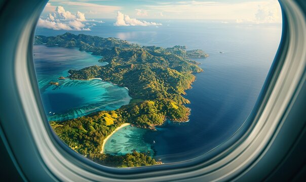 Scenic aerial view of an island from a plane window, vibrant landscape and ocean