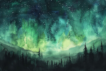 Wall Mural - A painting of a forest with a green sky and stars