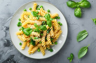 Sticker - Close Up of a Bowl of Rotini Pasta With Green Pea Pesto and Fresh Basil