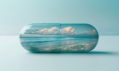 a pill capsule opening to reveal a beach relaxation scene, on a simple teal backdrop.