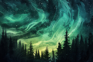 Wall Mural - A painting of a forest with a green sky and stars