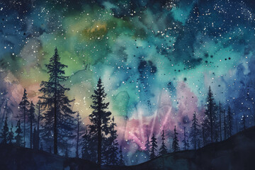 Wall Mural - A painting of a starry night sky with trees in the foreground