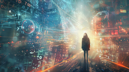 Poster - A woman stands in a cityscape with a glowing light in the background
