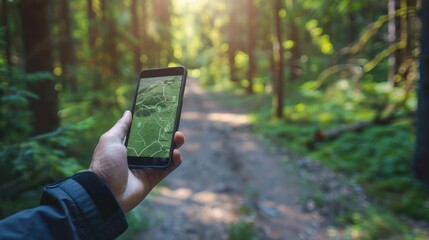 Wall Mural - Person holding a smartphone displaying a GPS map route with a blurred forest in the background and plenty of copy space