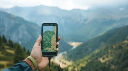 Wall Mural - Hand holding a smartphone with a GPS map route on the screen and a blurred mountain landscape in the background with ample copy space 