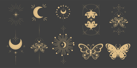 Wall Mural - magic sacred decoration cover, esoteric frame tattoo gold line border celelstial mystery esoteric de
